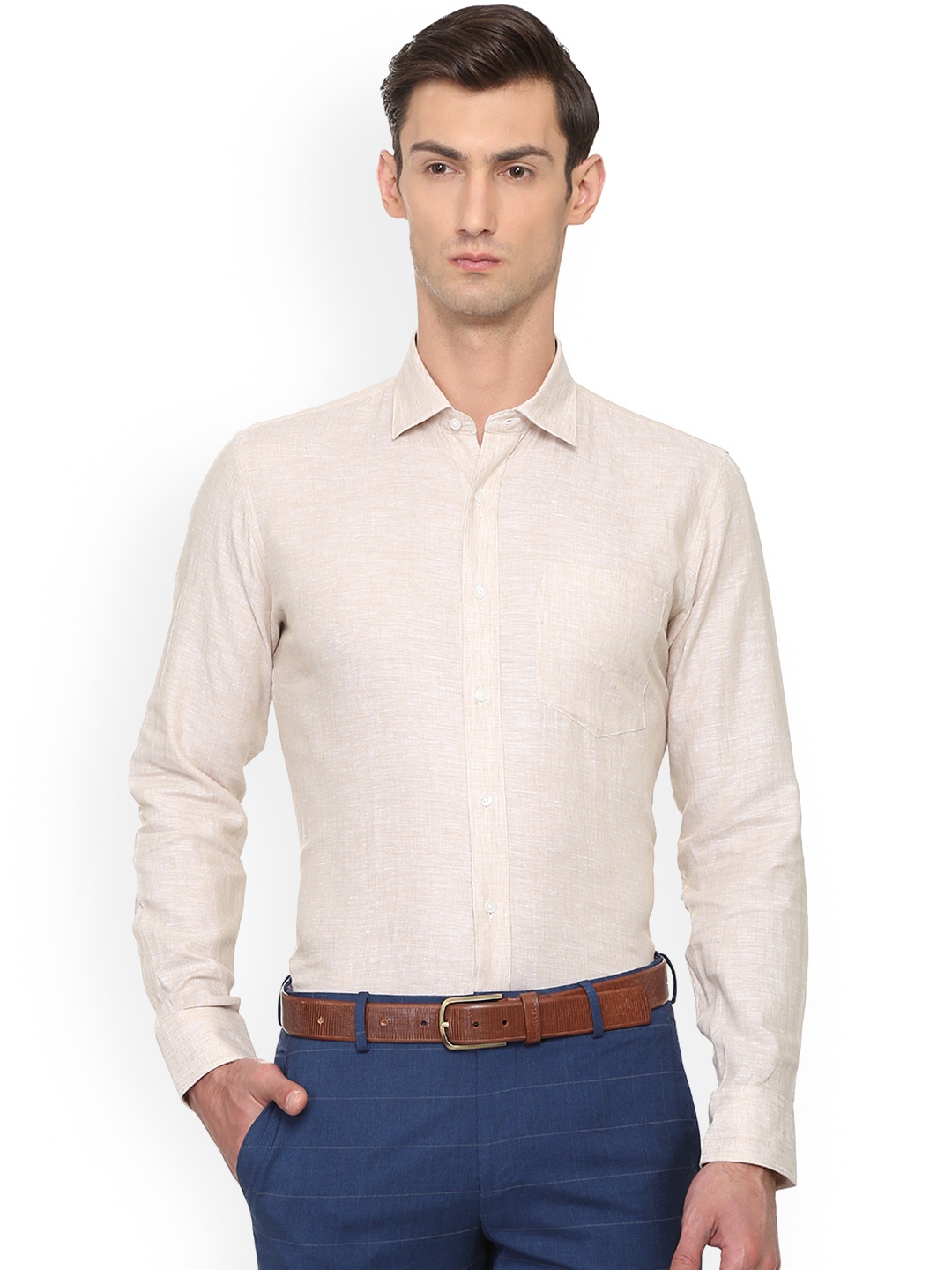 Van Heusen Men Beige Slim Fit Self Design Casual Shirt