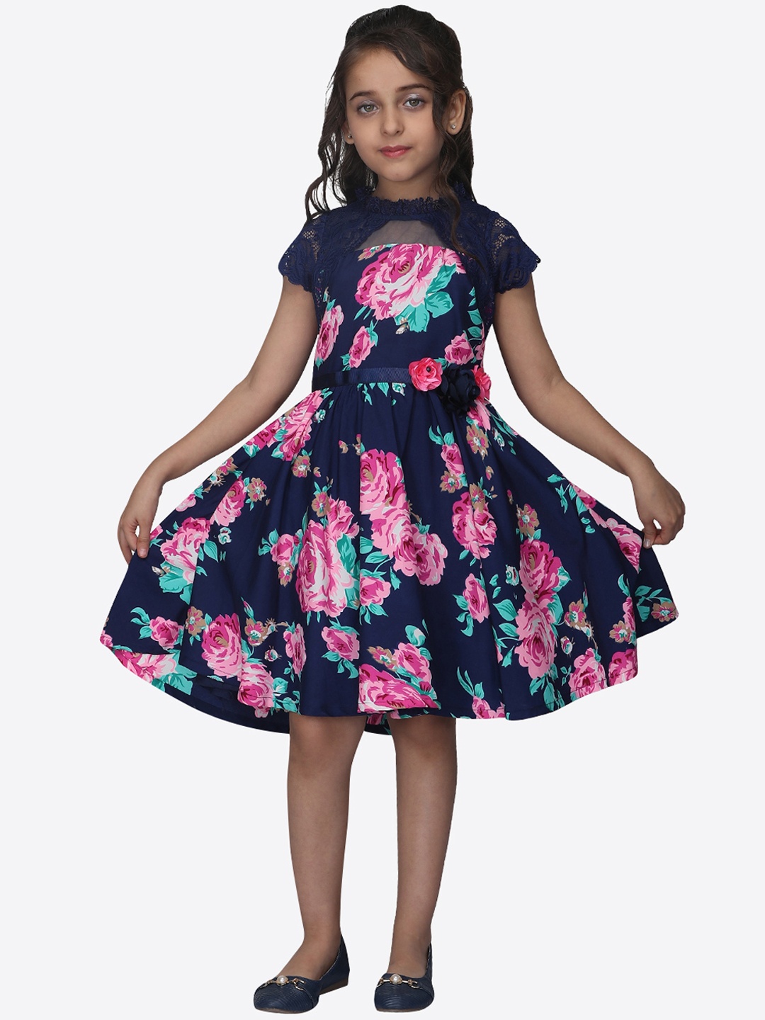 

CUTECUMBER Girls Navy Blue Printed Fit and Flare Dress