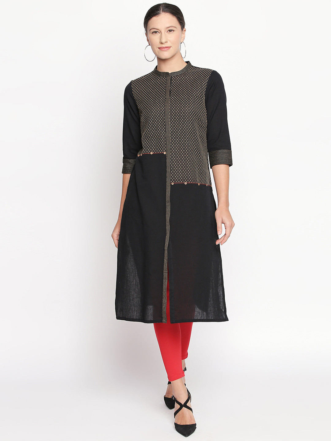 

RANGMANCH BY PANTALOONS Women Black Embroidered Straight Kurta