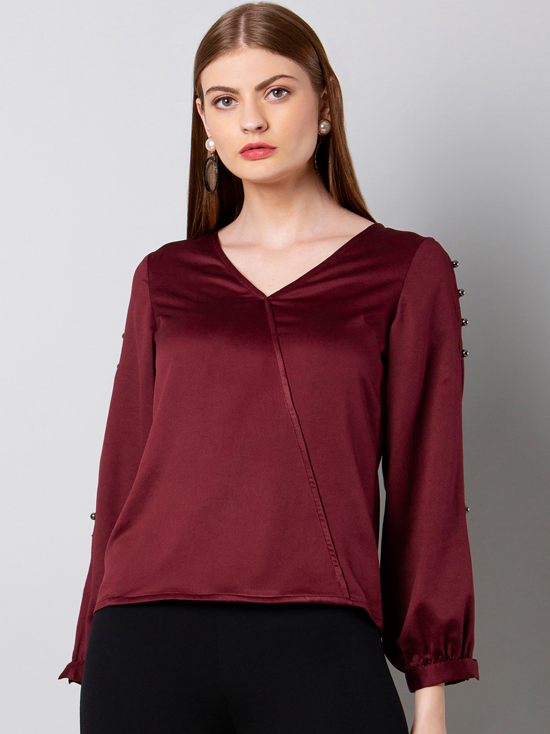 

FabAlley Women Maroon Solid Wrap Top