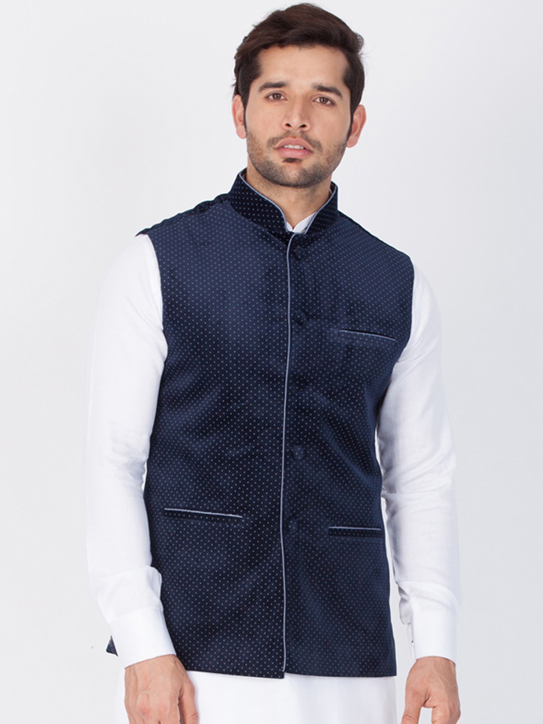 

VASTRAMAY Men Navy Blue Printed Velvet Nehru Jacket