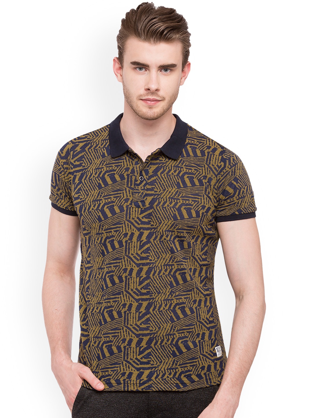 

Status Quo Men Mustard Printed Polo Collar Pure Cotton T-shirt