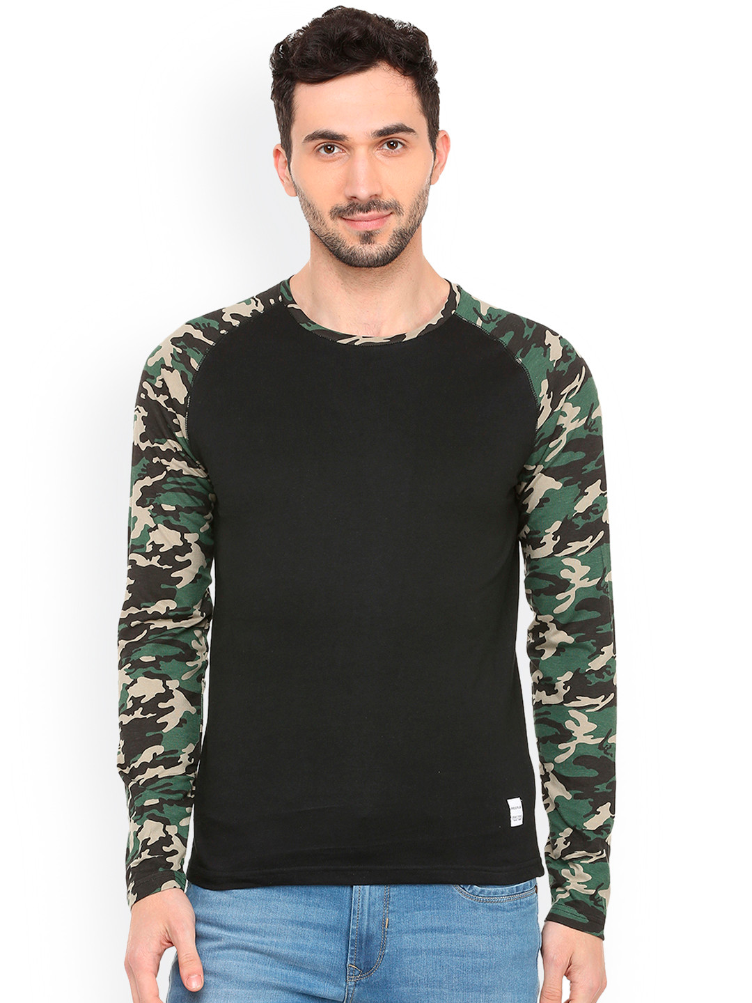 

People Men Black Beige Printed Round Neck Pure Cotton T-shirt