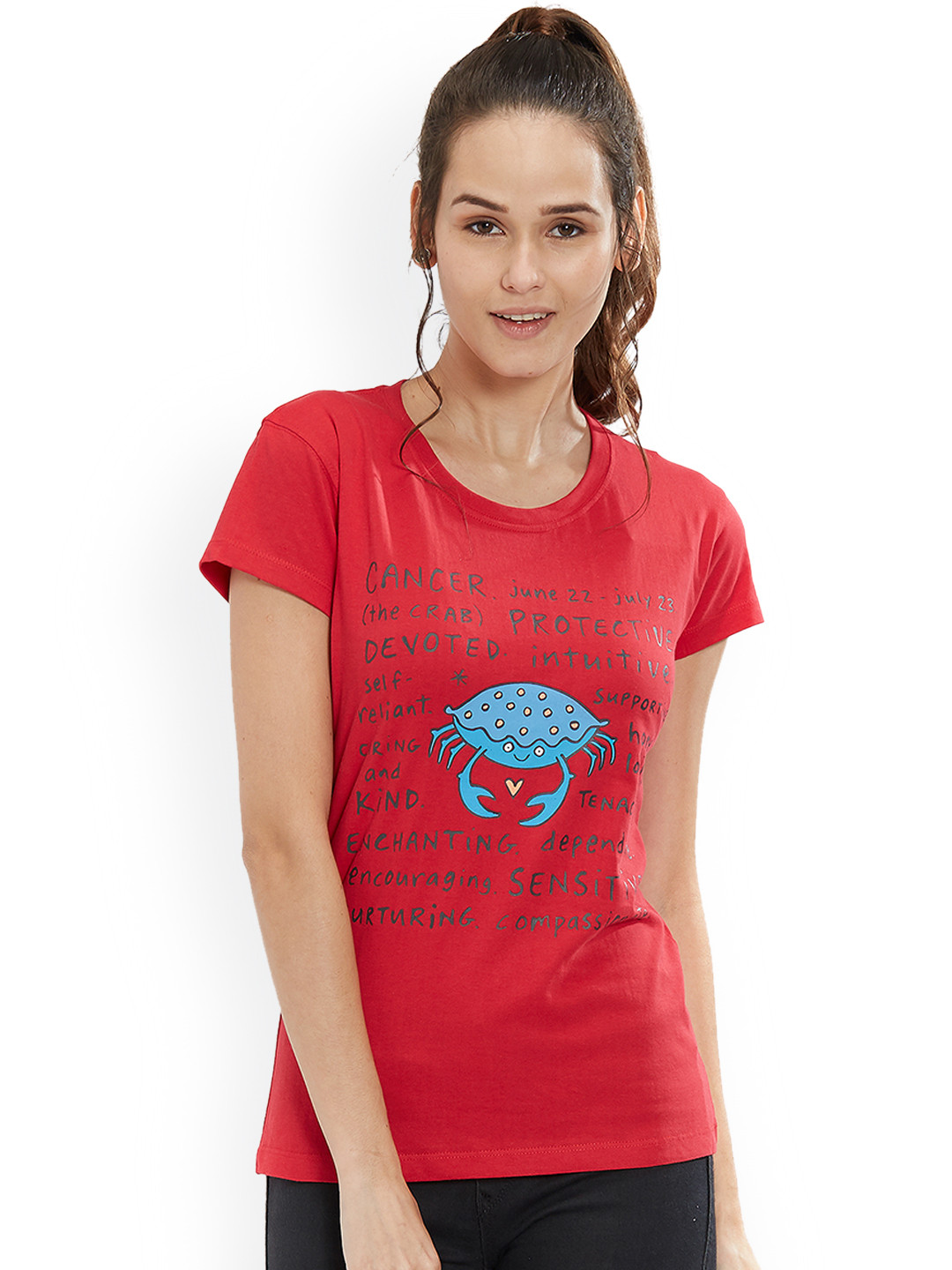 

Status Quo Women Red Printed Round Neck Pure Cotton T-shirt