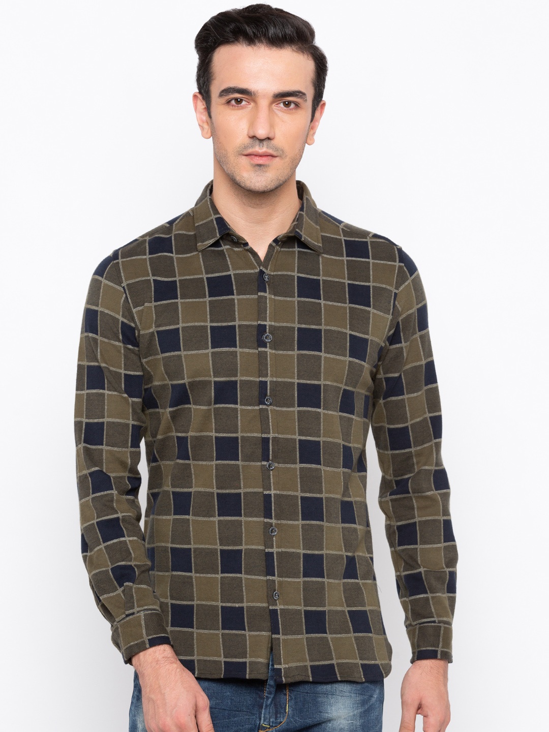 

Status Quo Men Olive Green & Navy Blue Slim Fit Checked Casual Shirt