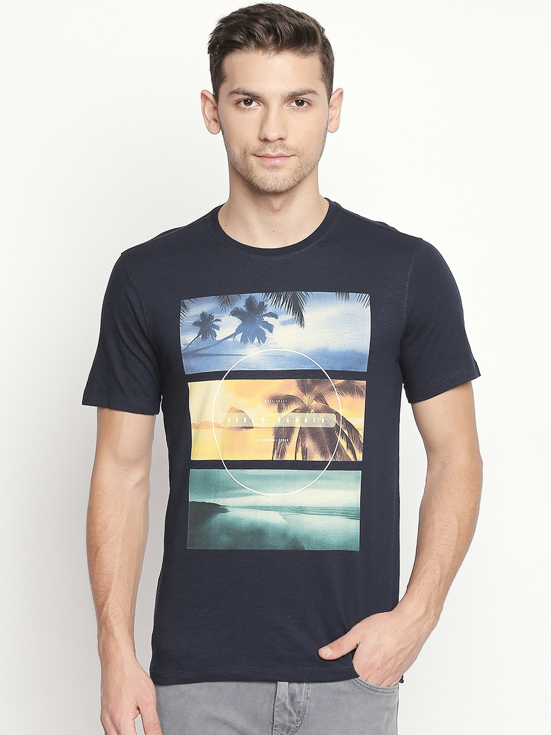 

Urban Ranger by pantaloons Men Navy Blue Printed Slim Fit Round Neck Pure Cotton T-shirt