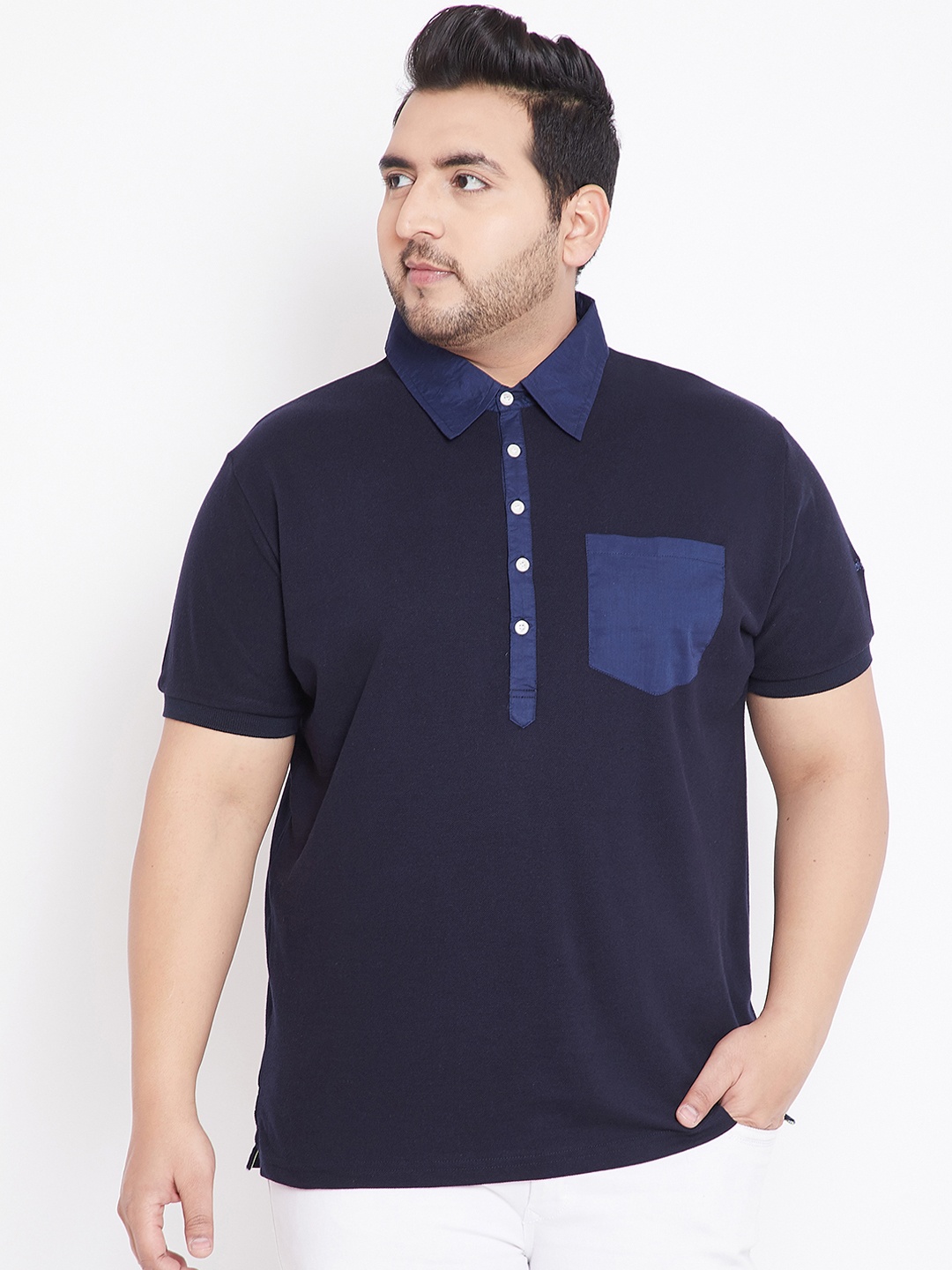 bigbanana Plus Size Men Navy Blue Solid Polo Collar T-shirt
