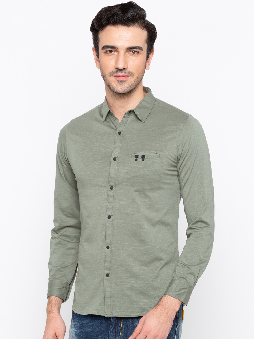 

Status Quo Men Olive Green Slim Fit Self Design Casual Shirt