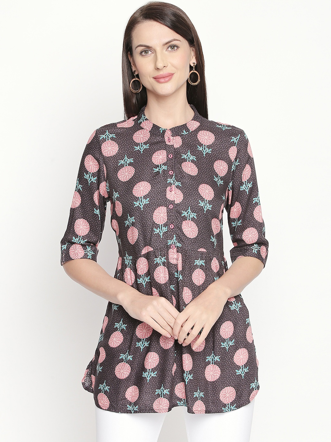 

AKKRITI BY PANTALOONS Women Charcoal Grey Printed Peplum Top