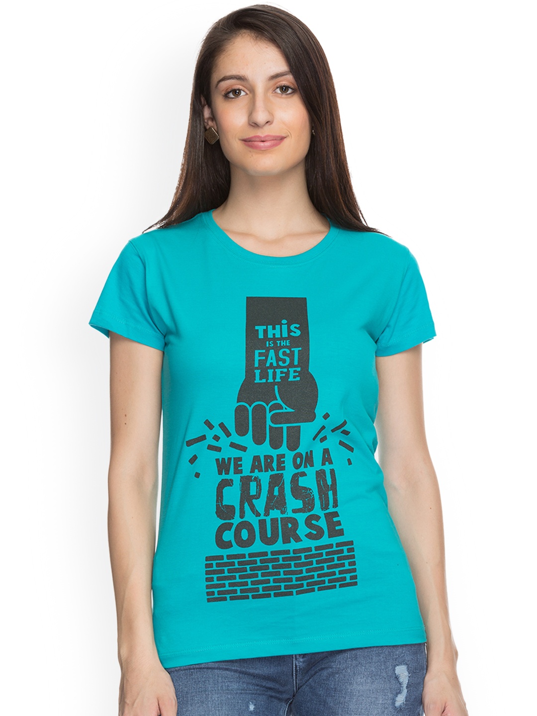 Status Quo Women Blue Printed Round Neck Pure Cotton T-shirt