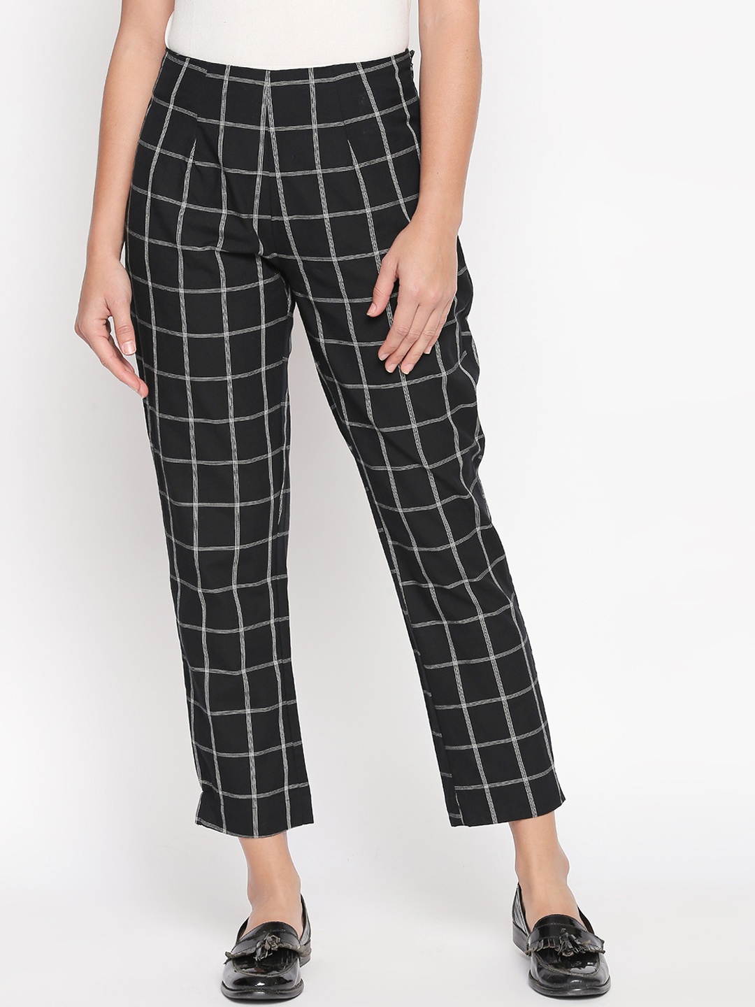

RANGMANCH BY PANTALOONS Women Black Regular Fit Checked Cigarette Trousers