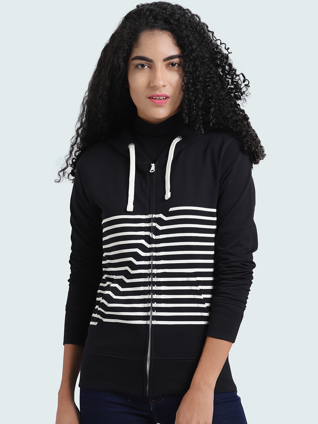 Huetrap Women Black Striped Hooded Sweatshirt