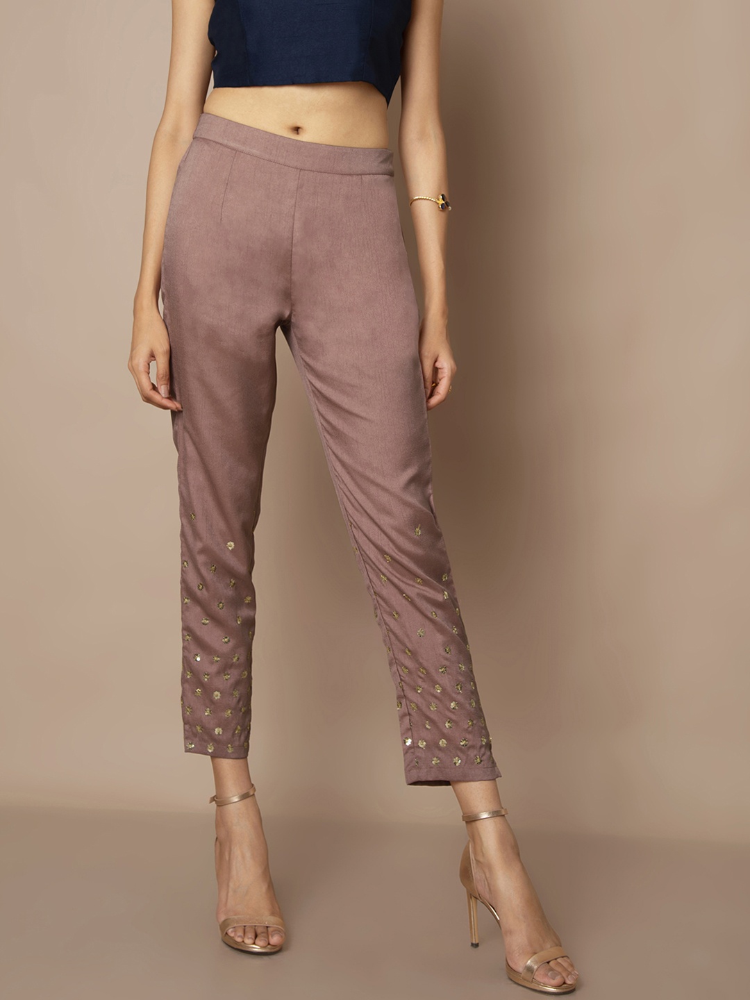

INDYA Women Pink Regular Fit Embellished Trousers