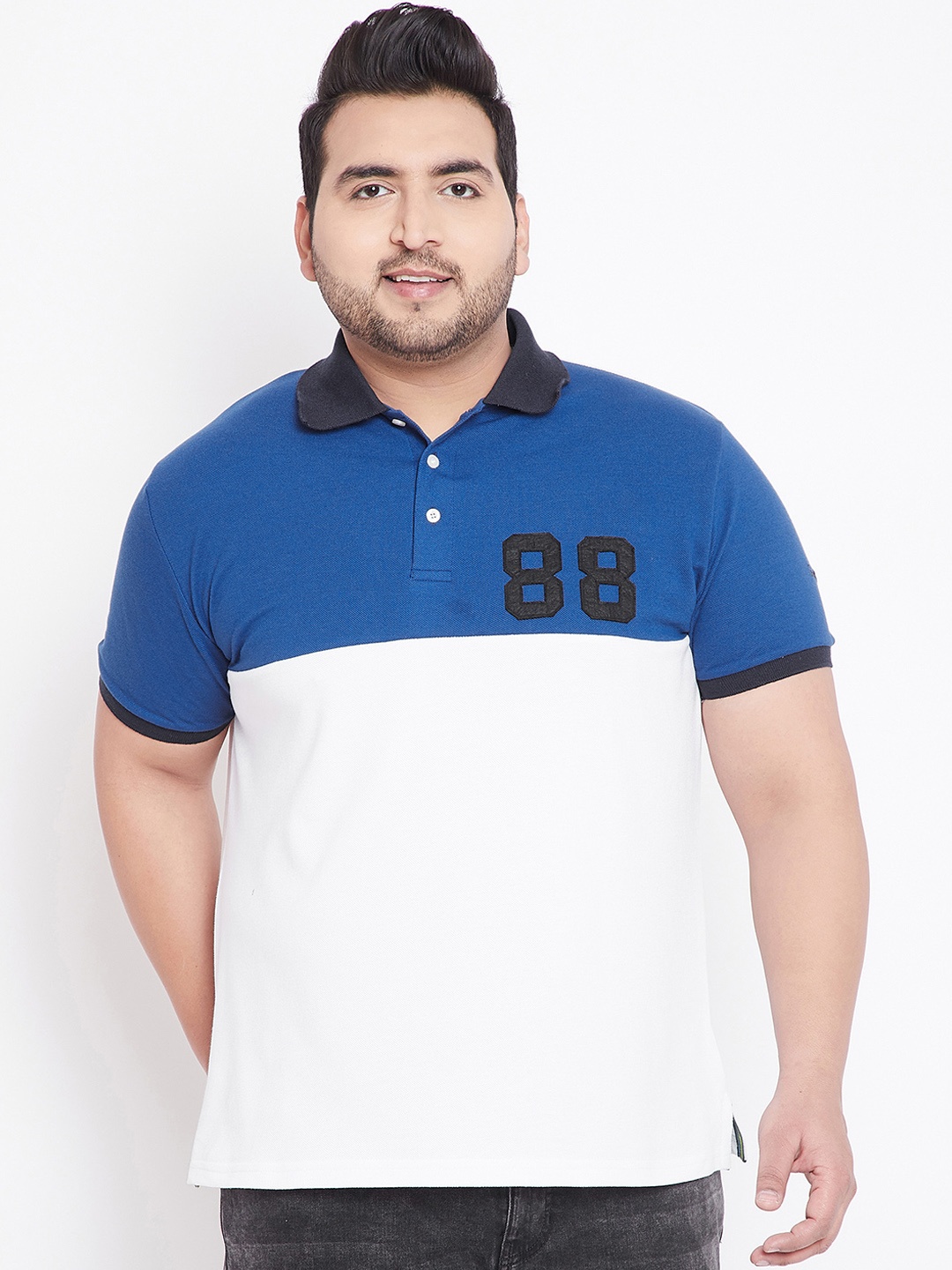 

bigbanana Plus Size Men White Blue Colourblocked Polo Collar T-shirt
