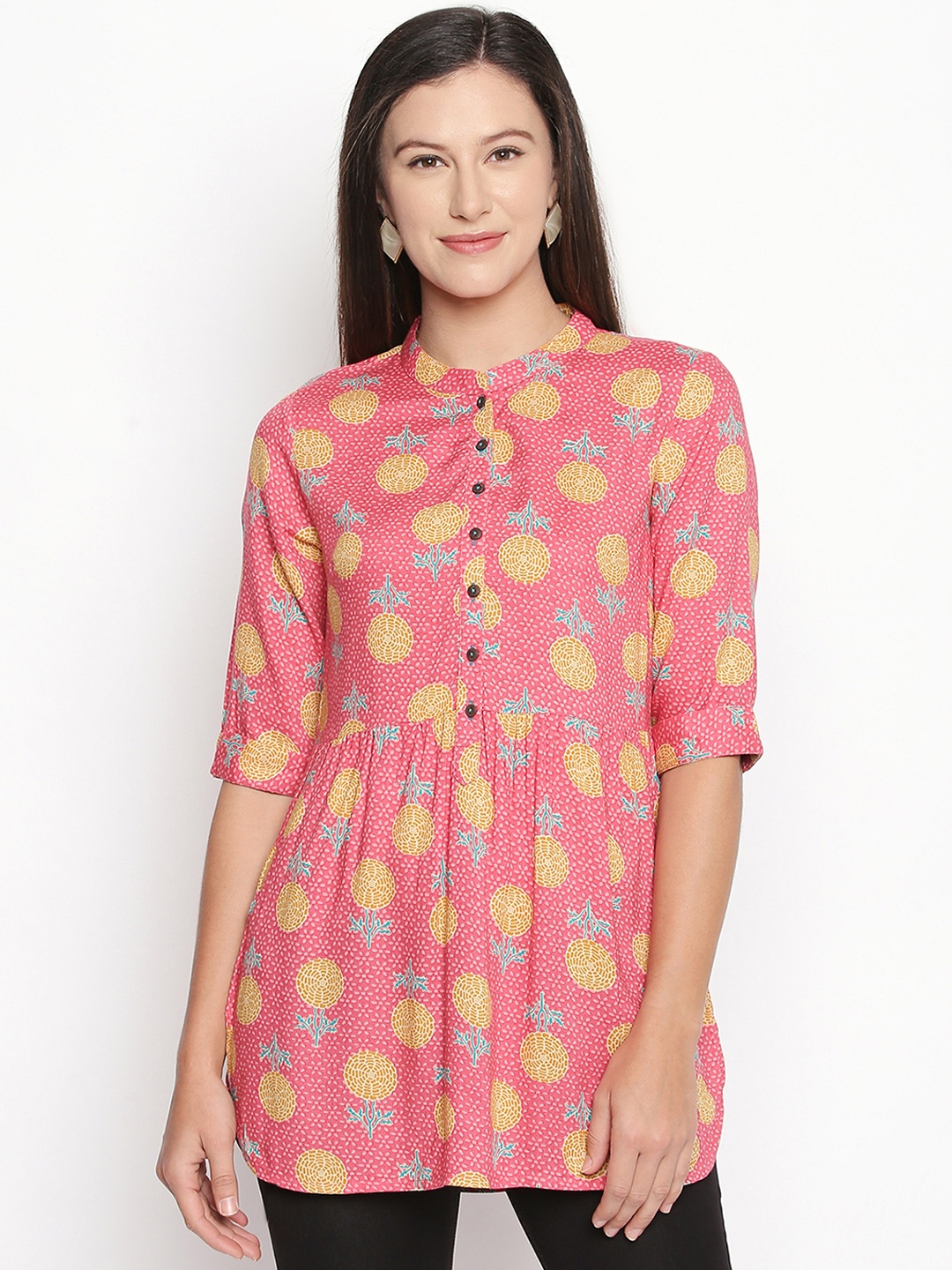 

AKKRITI BY PANTALOONS Women Coral Pink Printed Peplum Top