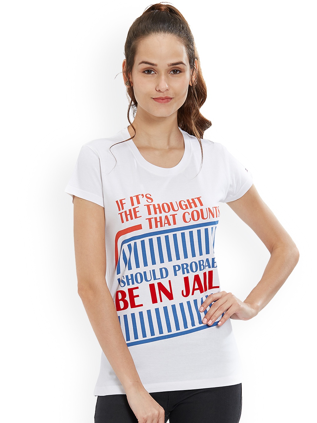 

Status Quo Women White Printed Round Neck Pure Cotton T-shirt