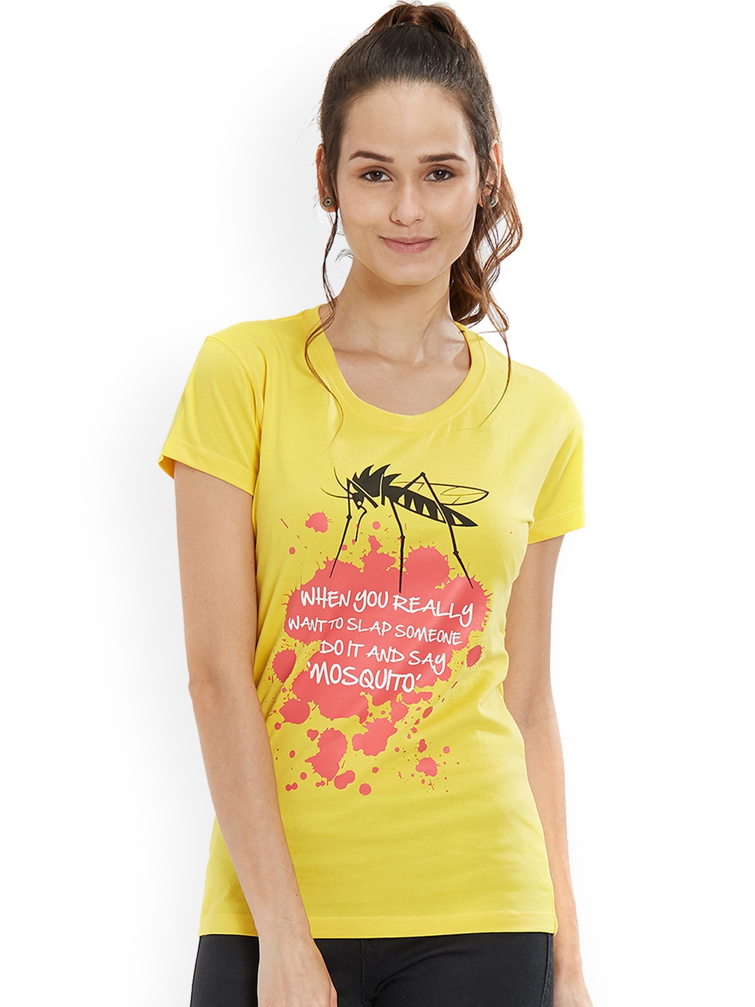 

Status Quo Women Yellow Printed Round Neck Pure Cotton T-shirt