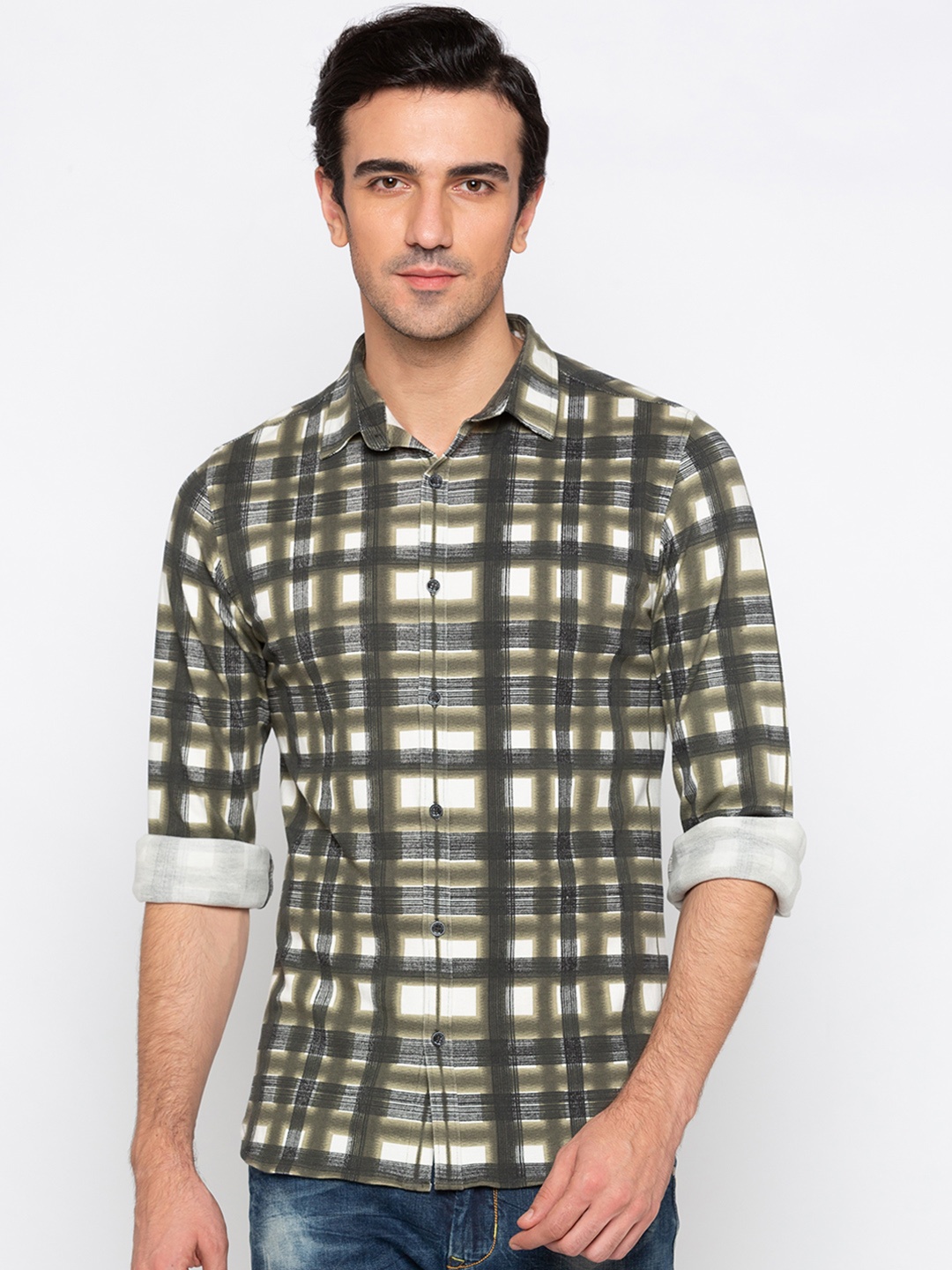

Status Quo Men Olive Green & White Slim Fit Checked Casual Shirt