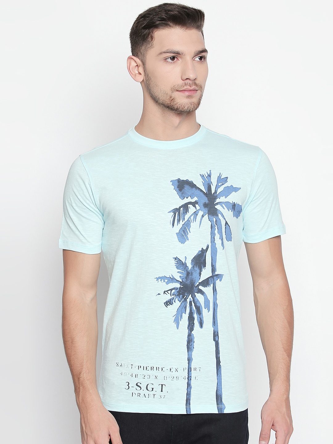 

Urban Ranger by pantaloons Men Blue Printed Slim Fit Round Neck Pure Cotton T-shirt