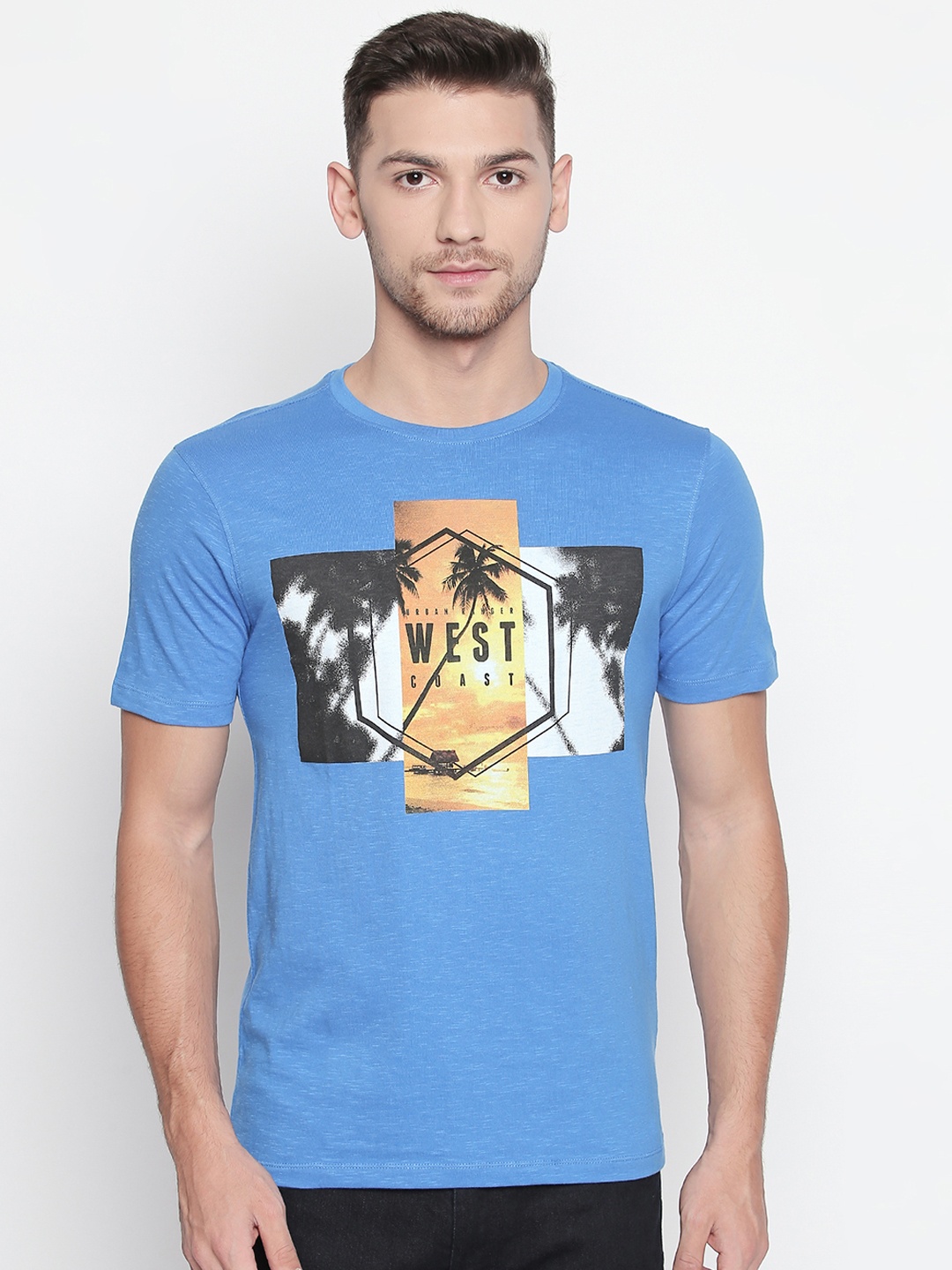 

Urban Ranger by pantaloons Men Blue Printed Slim Fit Round Neck Pure Cotton T-shirt