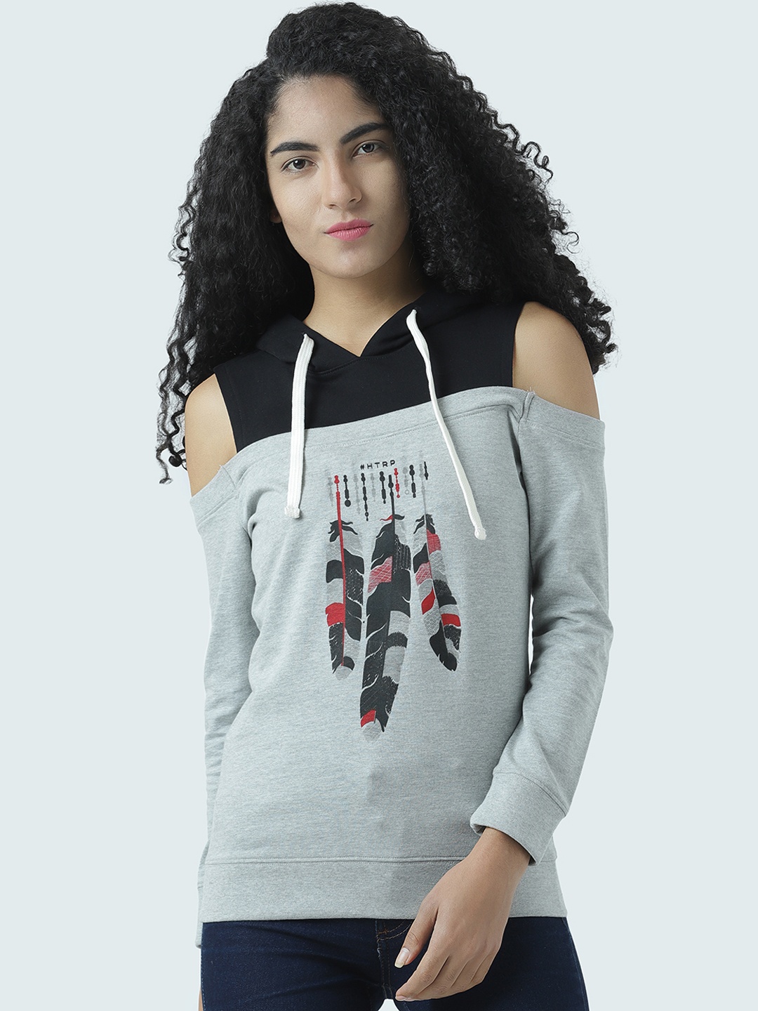 

Huetrap Women Grey Printed Hooded Sweatshirt