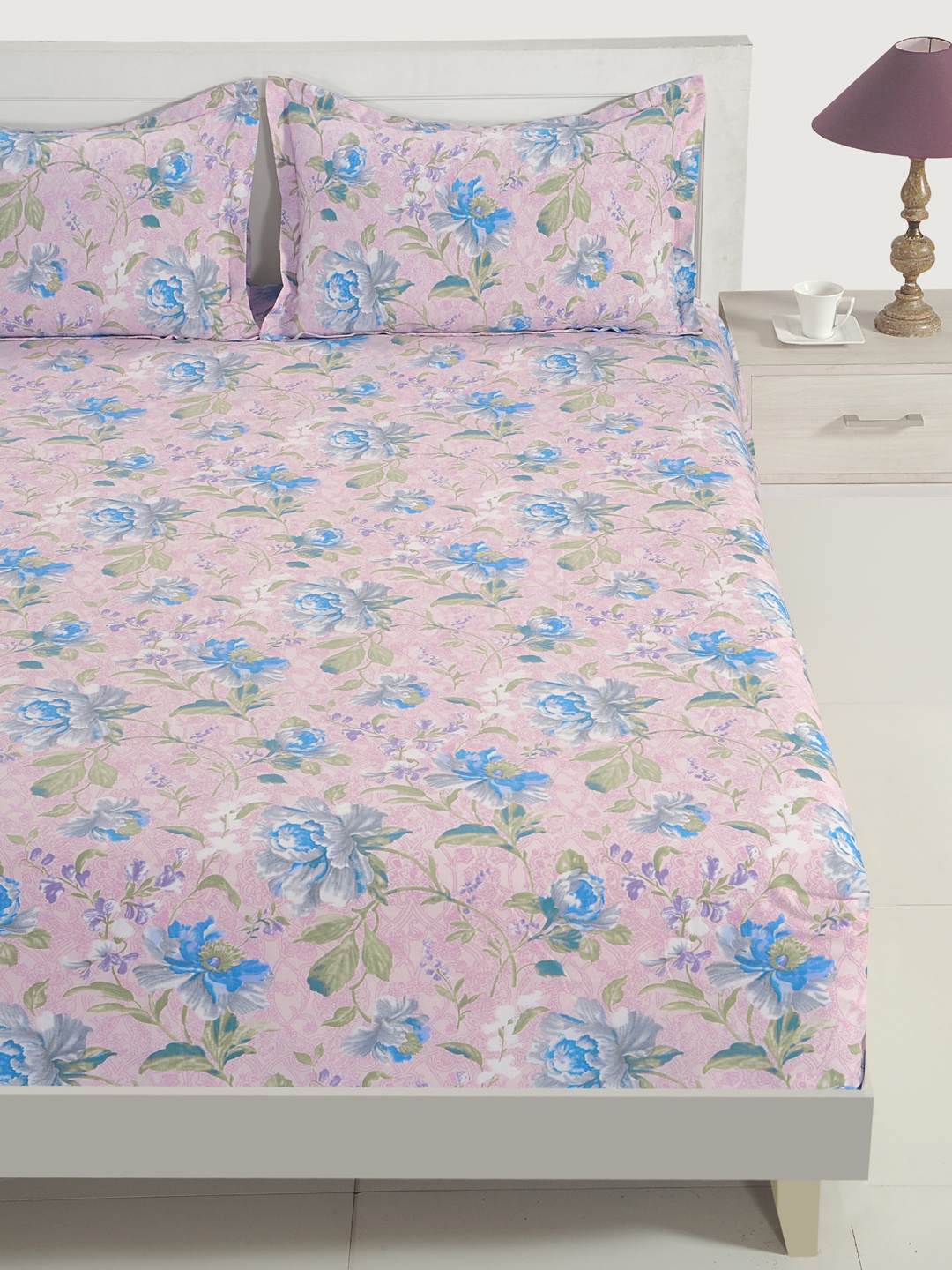 

SWAYAM Pink & Blue Floral Flat 144 TC Cotton 1 Queen Bedsheet with 2 Pillow Covers