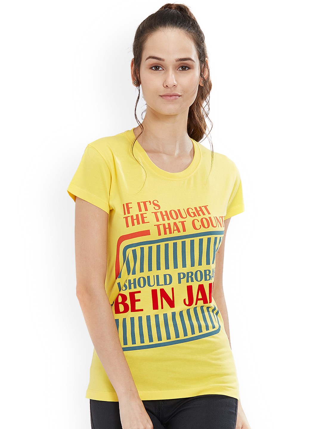 

Status Quo Women Yellow Printed Round Neck Pure Cotton T-shirt