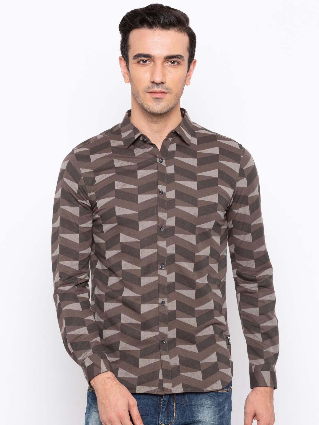 Status Quo Men Brown & Grey Slim Fit Printed Casual Shirt