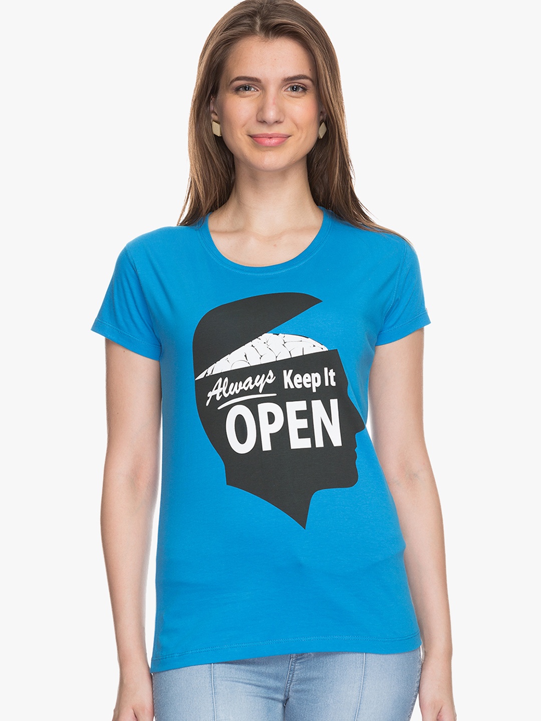 

Status Quo Women Blue Printed Round Neck Pure Cotton T-shirt