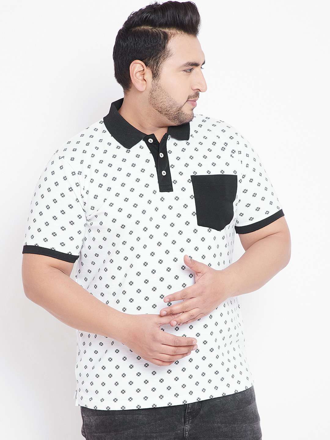 

bigbanana Plus Size Men White Printed Polo Collar T-shirt