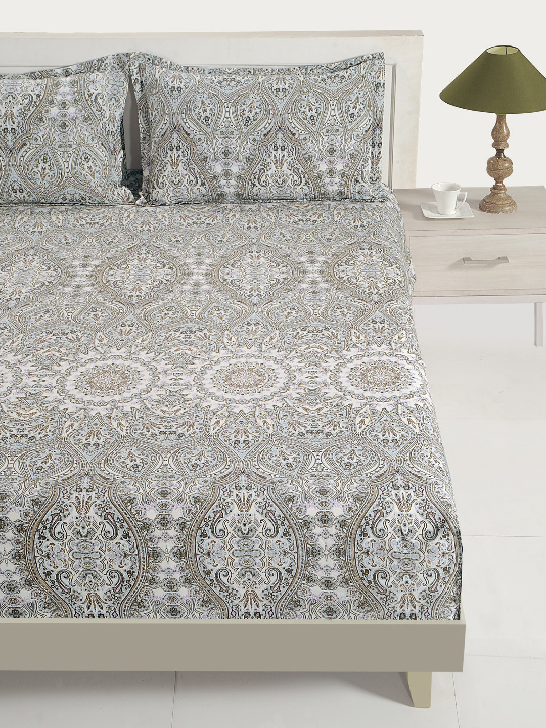 

SWAYAM Cream-Coloured & Grey Ethnic Motifs Flat 144 TC Cotton 1 King Bedsheet with 2 Pillow Covers