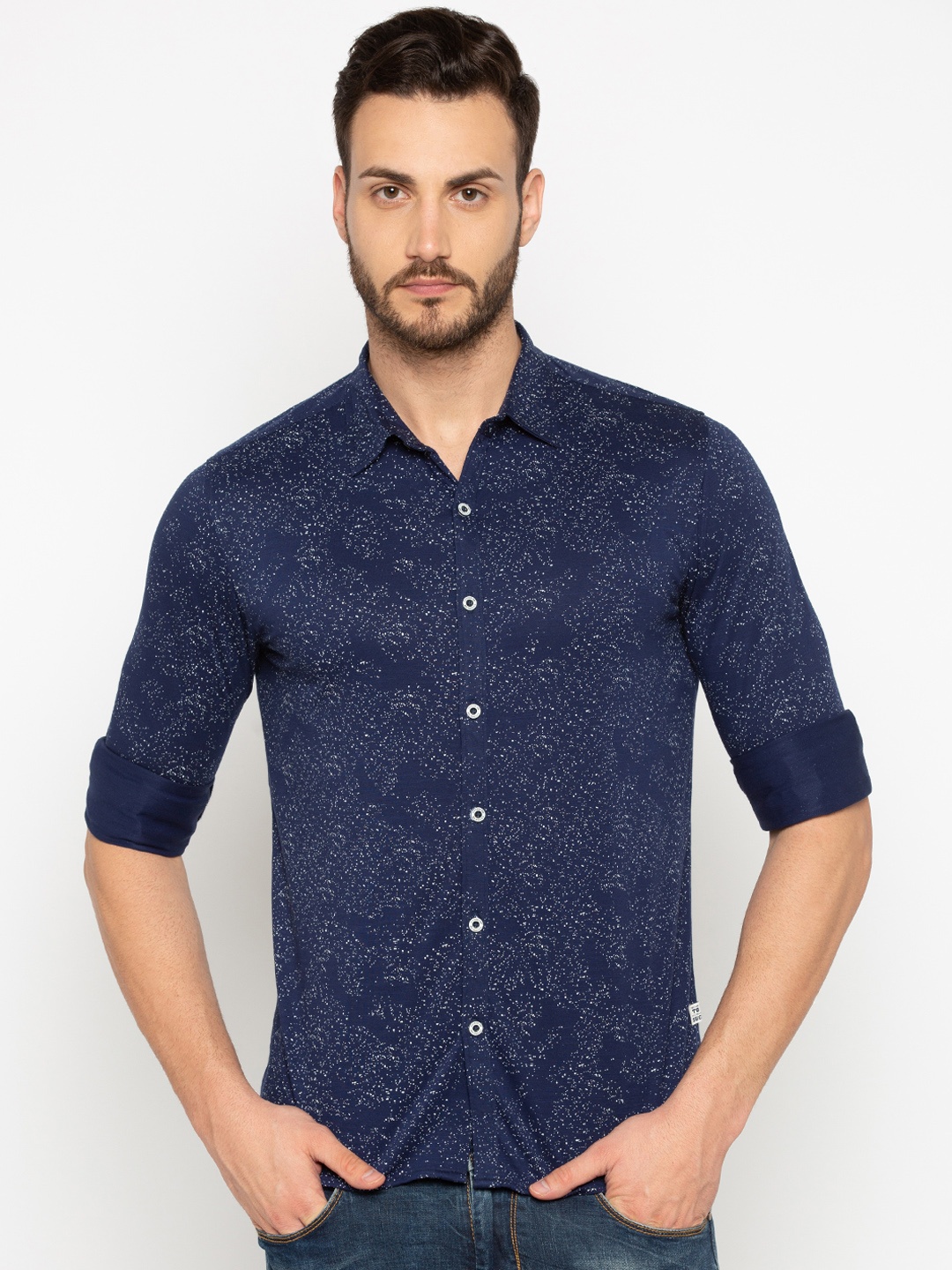

Status Quo Men Navy Blue Slim Fit Printed Casual Shirt