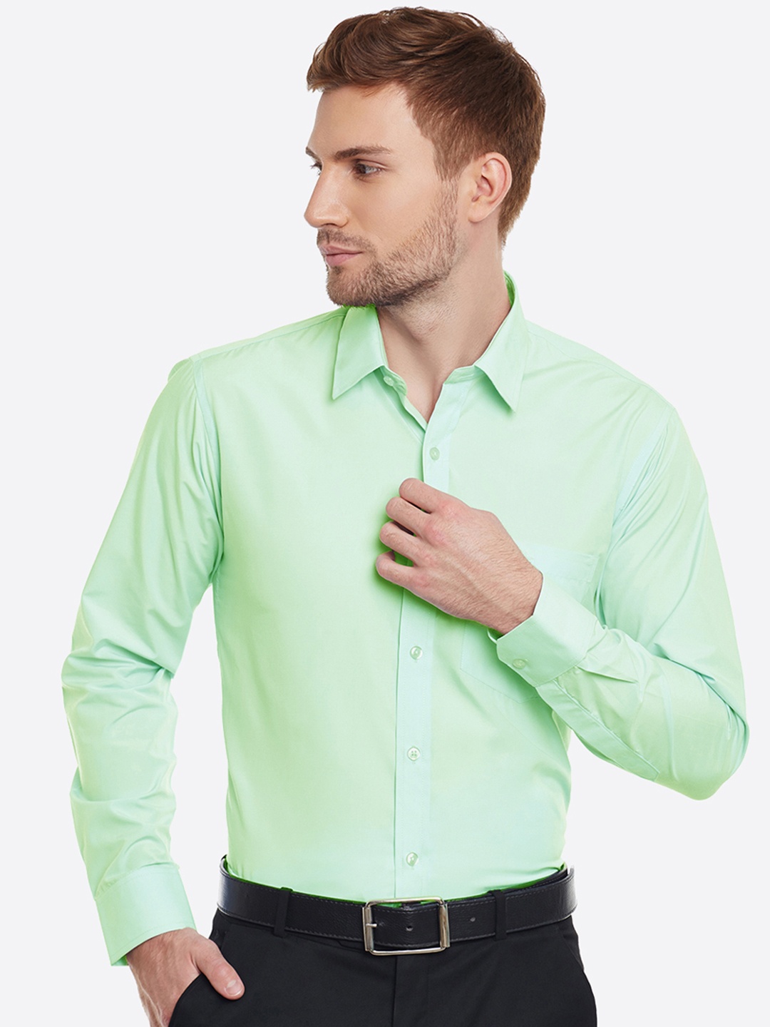 

English Navy Men Green Slim Fit Solid Formal Shirt