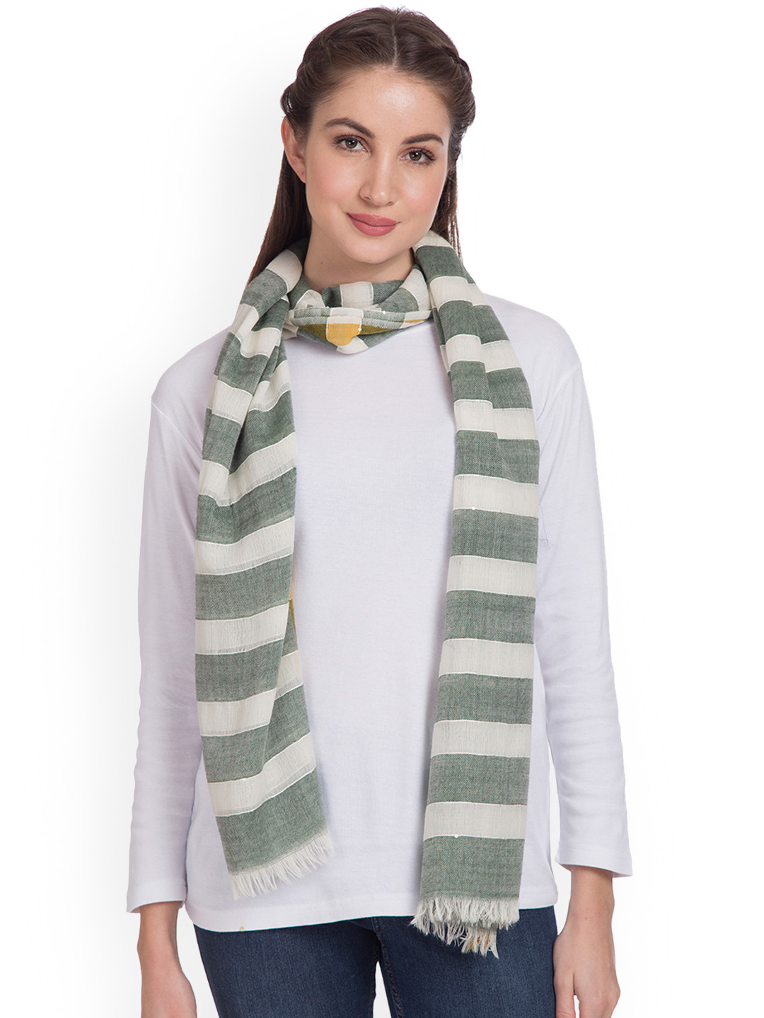 

SHINGORA Women Green & White Striped Stole