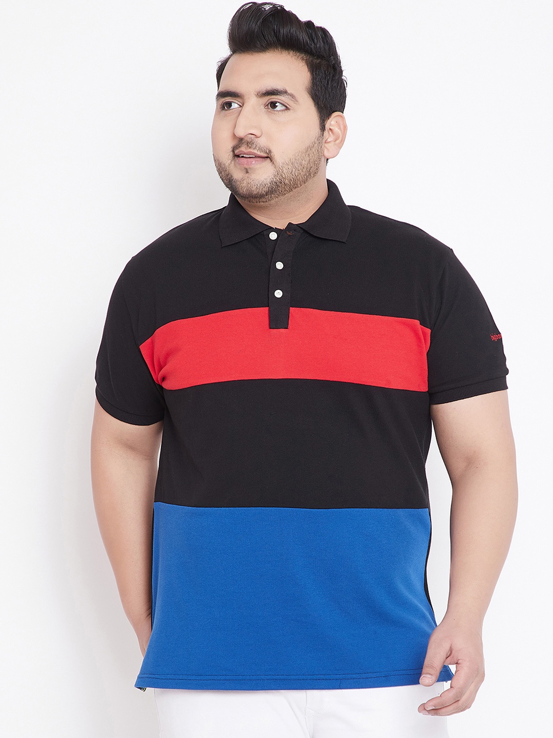 

bigbanana Plus Size Men Black Blue Colourblocked Polo Collar T-shirt