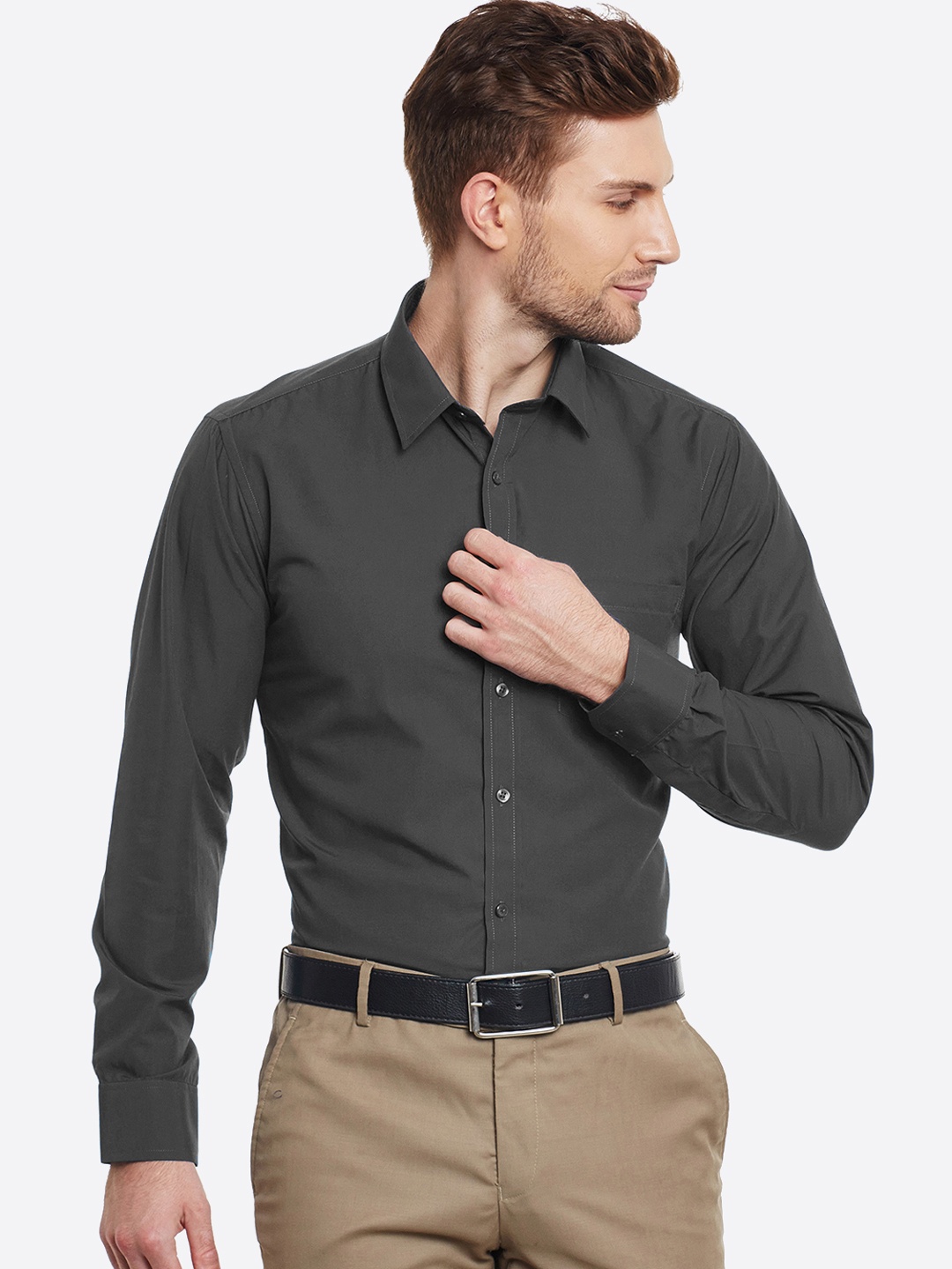 English Navy Men Charcoal Grey Slim Fit Solid Formal Shirt