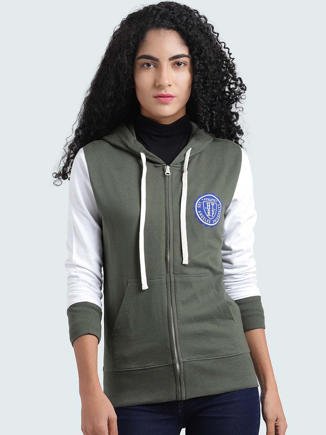 

Huetrap Women Olive Green Colourblocked Hooded Sweatshirt
