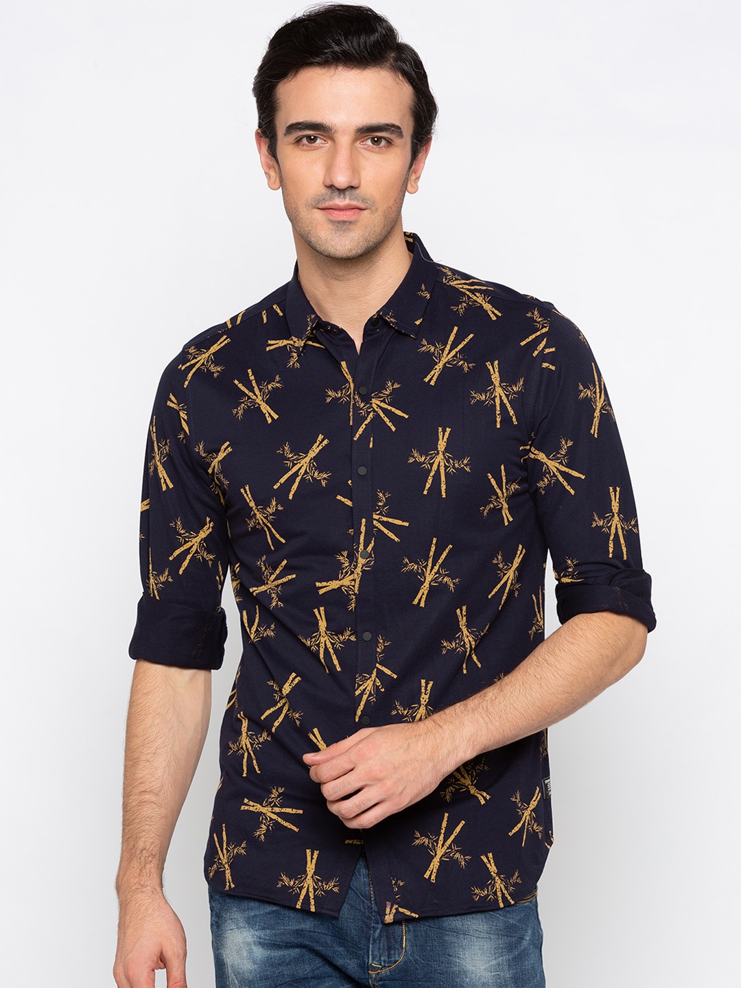 

Status Quo Men Navy Blue & Mustard Slim Fit Printed Casual Shirt