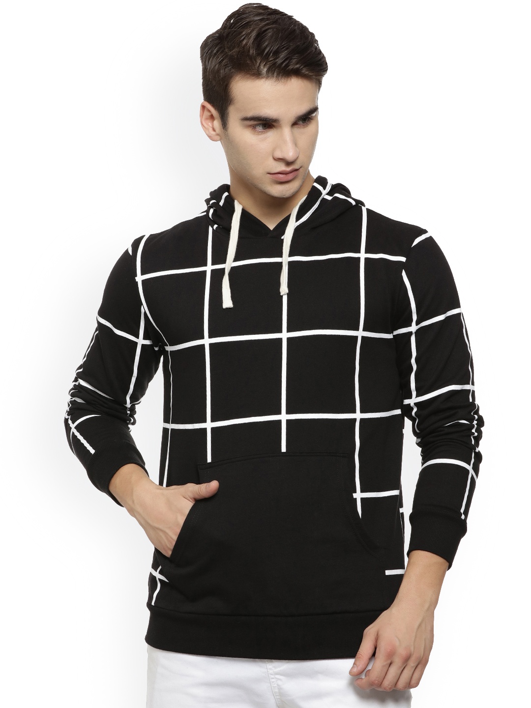 

Campus Sutra Men Black & White Checked Hooded Sweatshirt