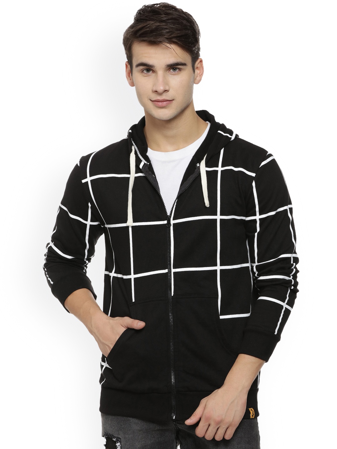 

Campus Sutra Men Black & White Checked Hooded Sweatshirt