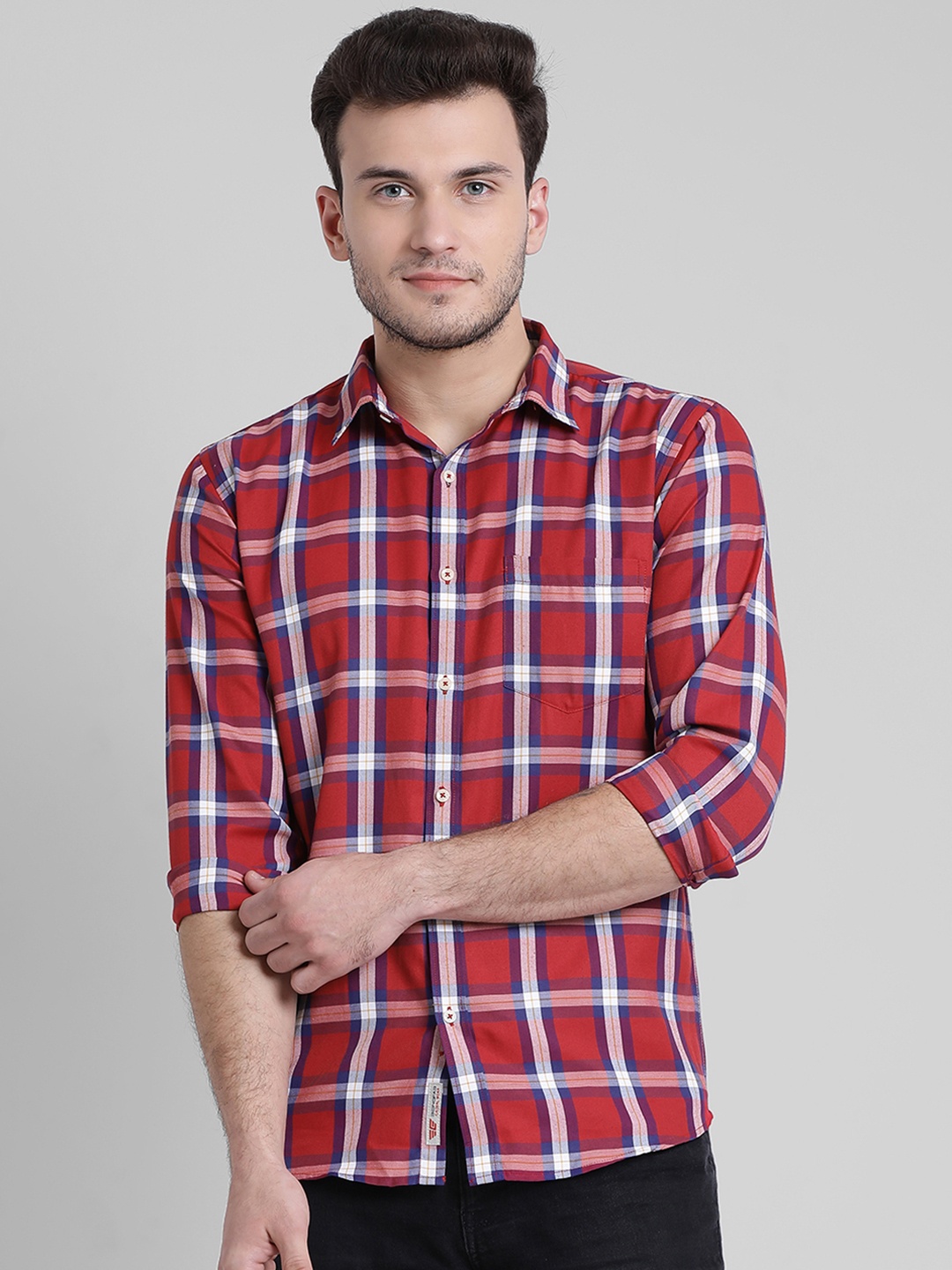 Being Fab Men Red & White Slim Fit Checked Casual Shirt