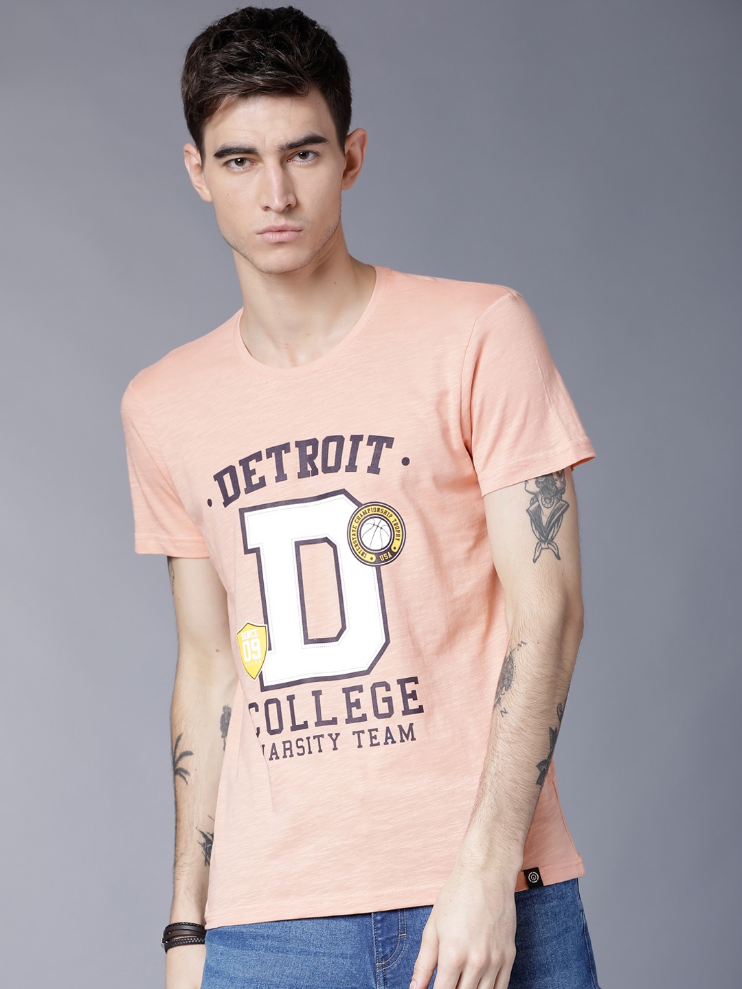 

LOCOMOTIVE Men Peach-Coloured Printed Round Neck T-shirt