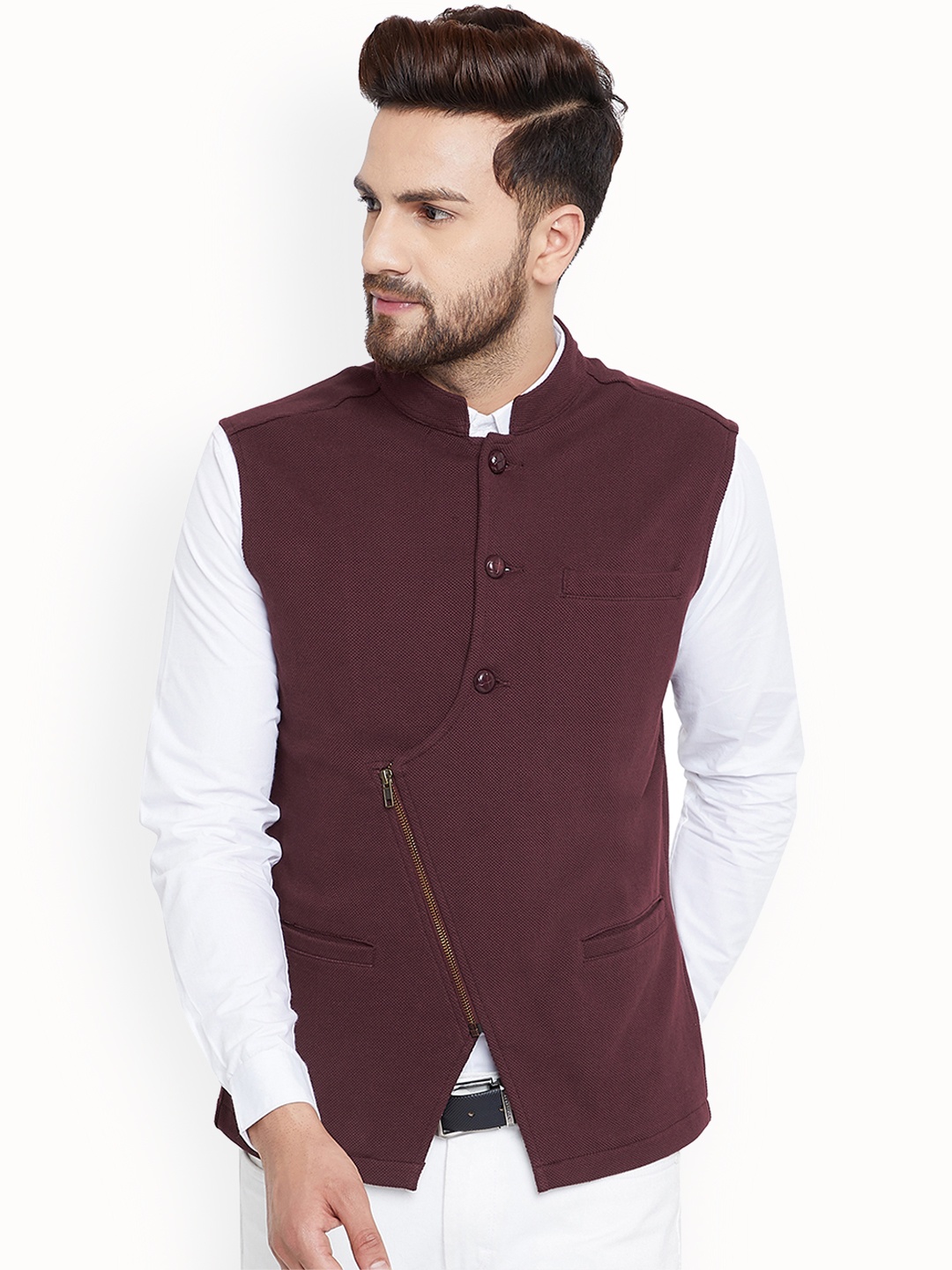 

Hypernation Men Maroon Solid Woven Pure Cotton Nehru Jacket