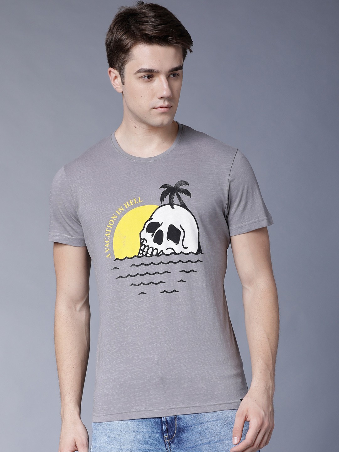 

LOCOMOTIVE Men Grey Printed Pure Cotton T-shirt