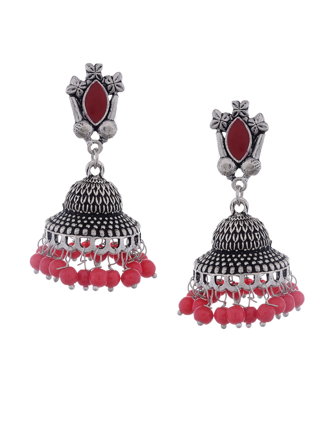 Silvermerc Designs Silver-Plated & Red Dome Shaped Jhumkas