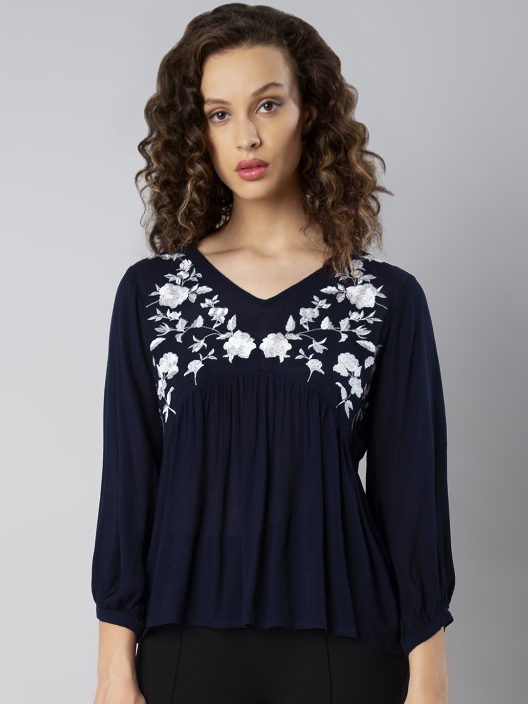 

FabAlley Women Navy Blue Self Design A-Line Top