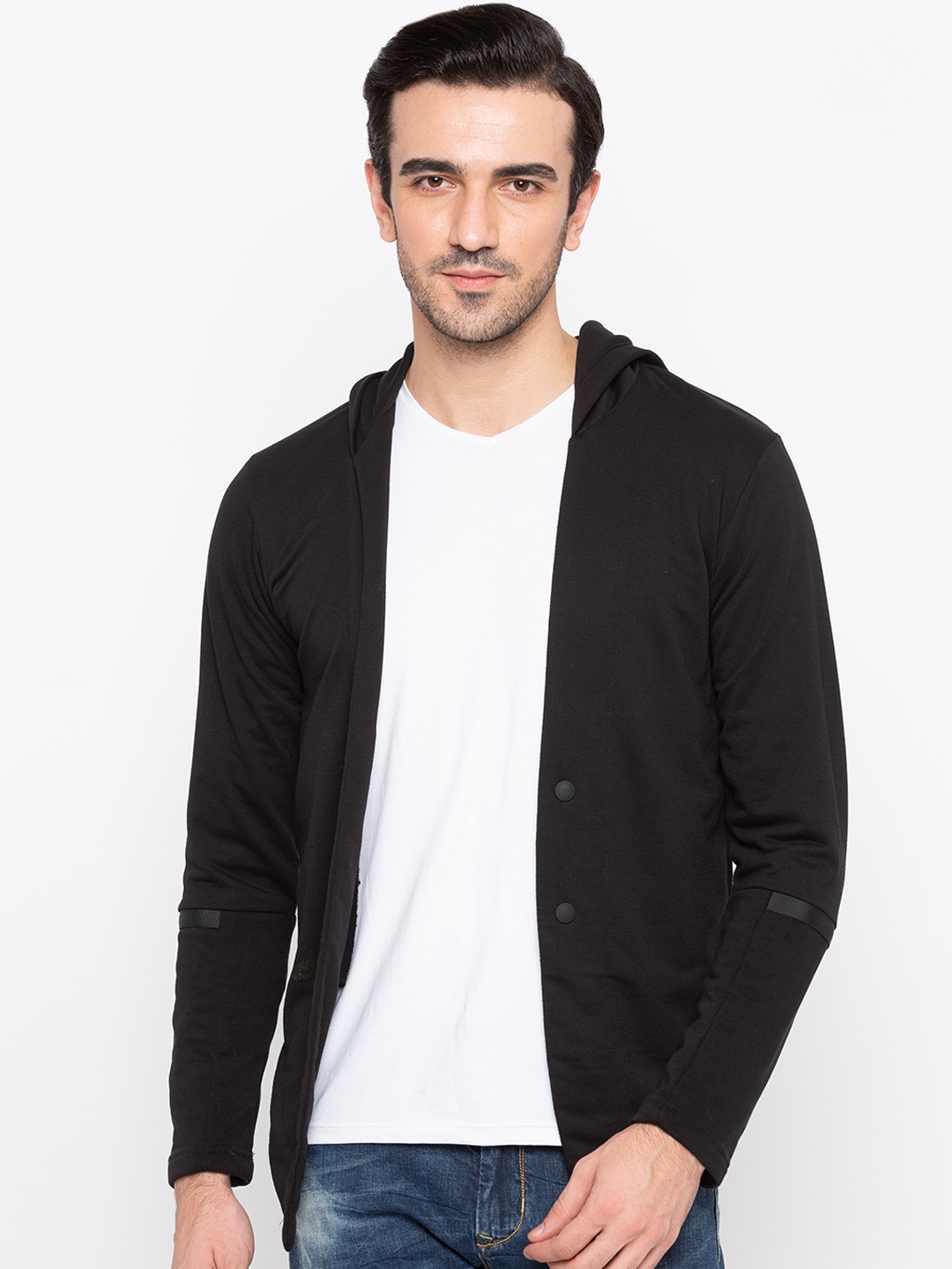 

Status Quo Men Black Solid Open Front Hooded Shrug