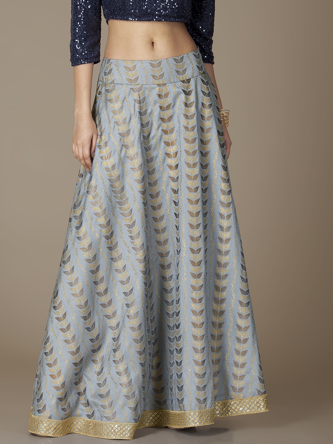 

INDYA Women Grey & Blue Printed Flared Maxi Skirt