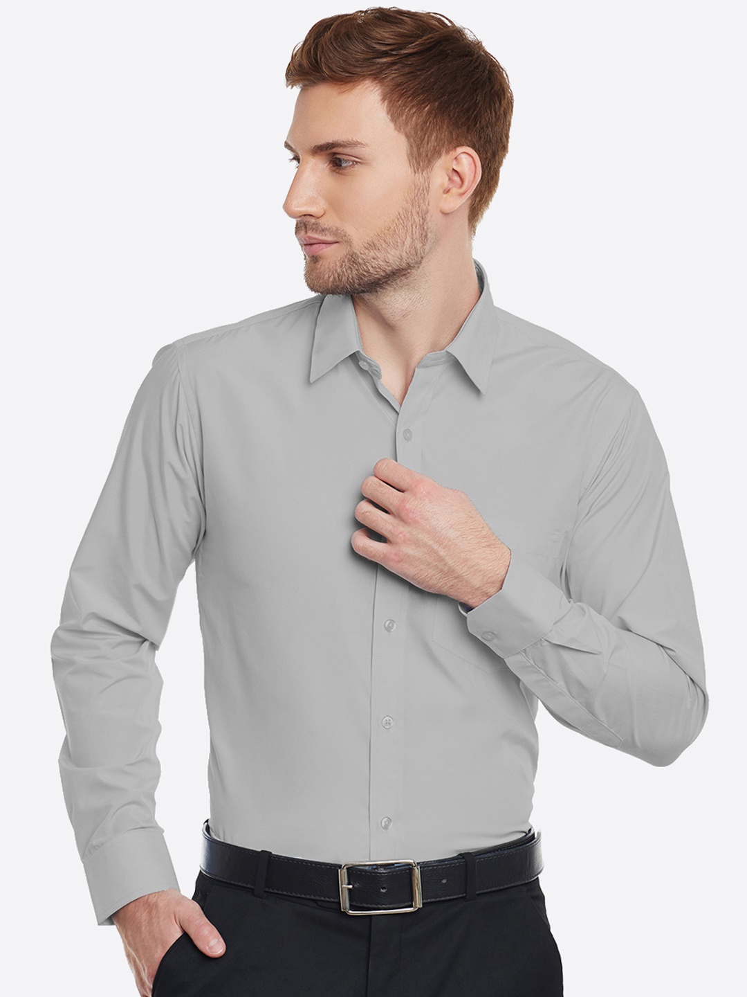 

English Navy Men Grey Slim Fit Solid Formal Shirt