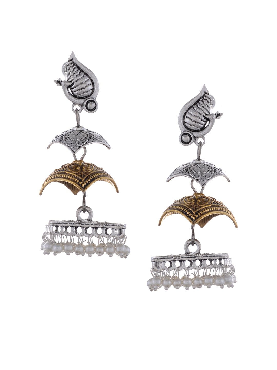 

Silvermerc Designs Silver-Plated Oxidised & White Dome Shaped Jhumkas